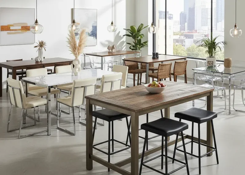 Modern rectangular counter height dining set with a wooden table and four upholstered bar stools, perfect for kitchen island dining.