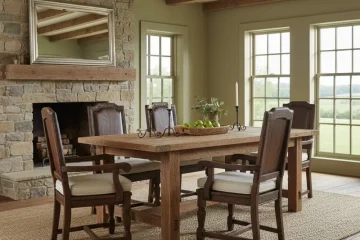 Rectangular country wood dining room table with four matching captain chairs.