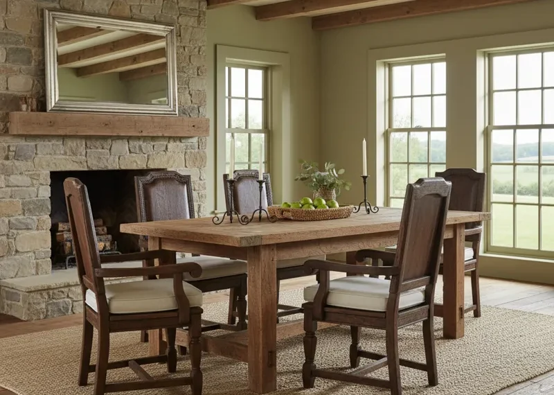 Rectangular country wood dining room table with four matching captain chairs.