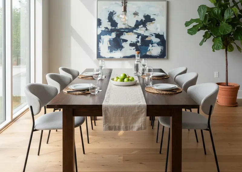 A modern rectangular wooden dining table with four chairs in a bright, contemporary dining room setting.