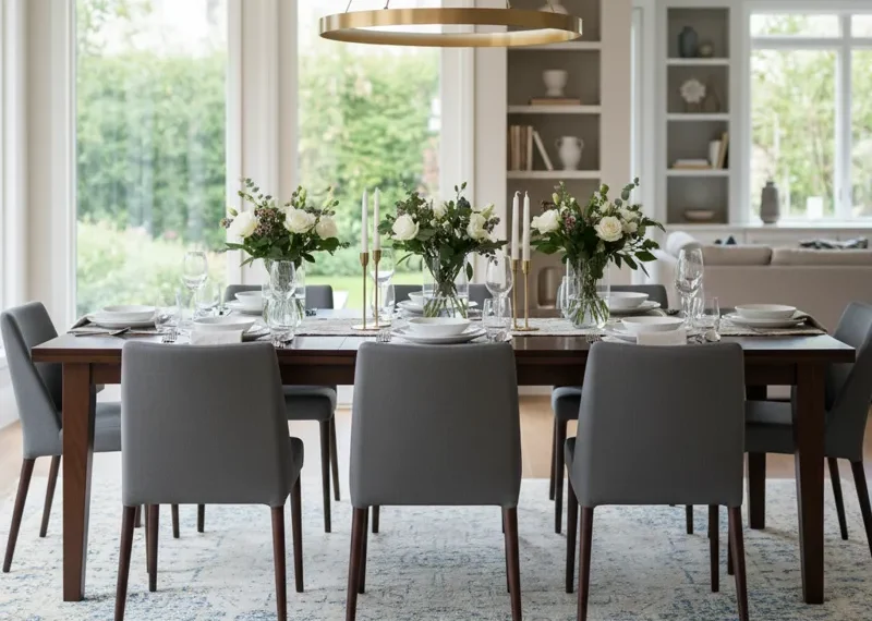 Spacious rectangular dining table comfortably seating six people, made from dark wood with modern chairs.