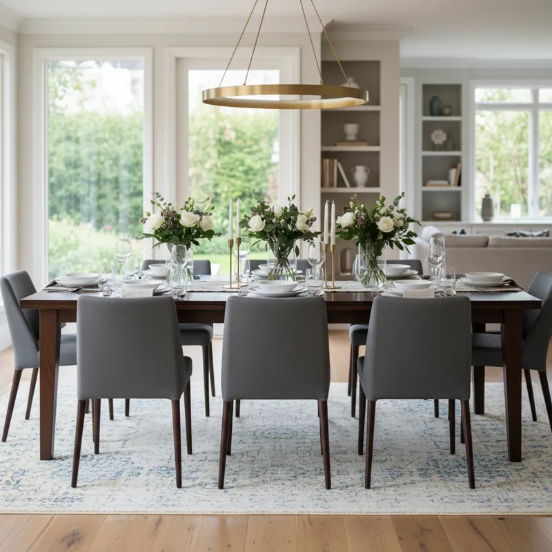 Spacious rectangular dining table comfortably seating six people, made from dark wood with modern chairs.
