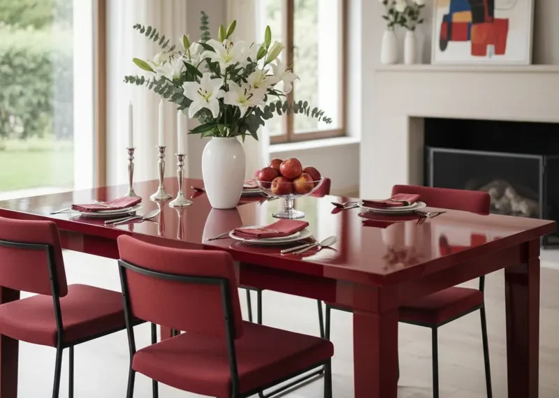 Modern red dining table with four minimalist chairs in a contemporary dining room setting