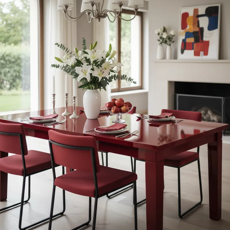 Modern red dining table with four minimalist chairs in a contemporary dining room setting