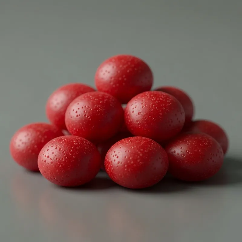 A close-up, high-resolution shot of a small pile of Red Hots candy, showcasing their bright red color, matte texture, and tiny pockmarked surface.