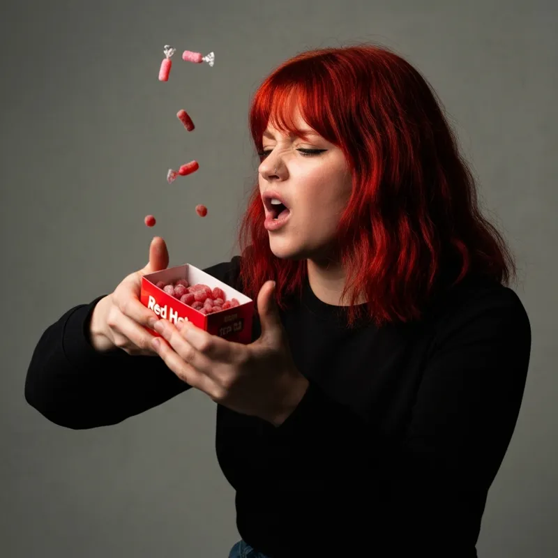 A dynamic action shot of someone shaking a small box of Red Hots, with a few candies caught in mid-air, conveying a sense of energy and spice.