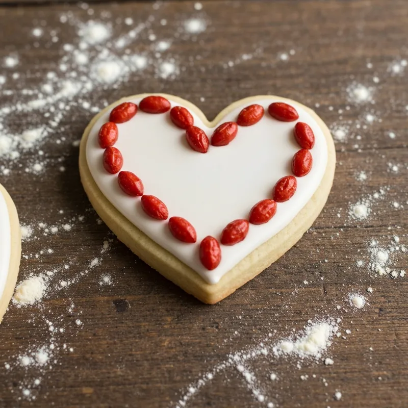 A beautifully decorated Valentine's Day sugar cookie with a white royal icing base, adorned with strategically placed Red Hots to form a heart shape.