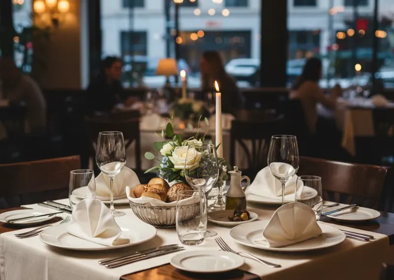 A clean and inviting restaurant table set with cutlery, glassware, and a napkin, ready for diners.