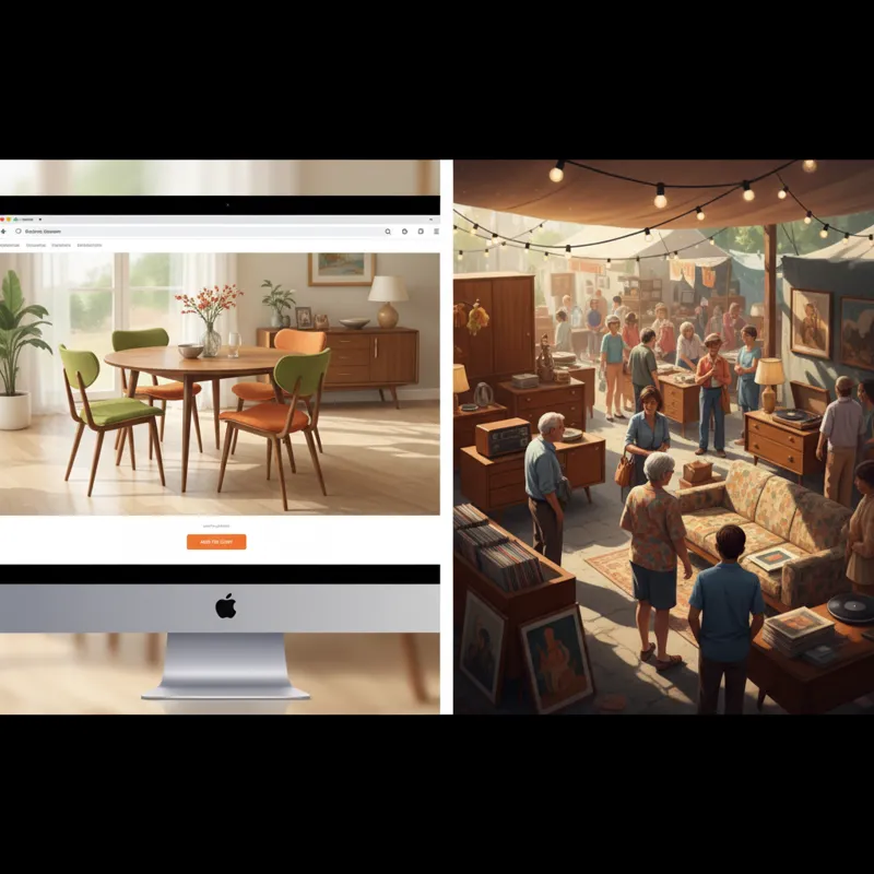 A split image showing an online furniture store interface displaying a retro dining set on one side, and a bustling vintage furniture market with peop