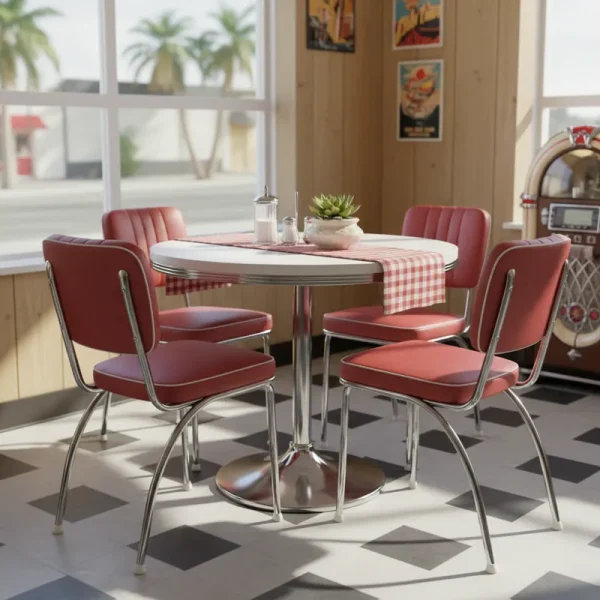 Retro style dining table and chairs set with a light wood finish and upholstered seats, perfect for a vintage kitchen or dining room interior.