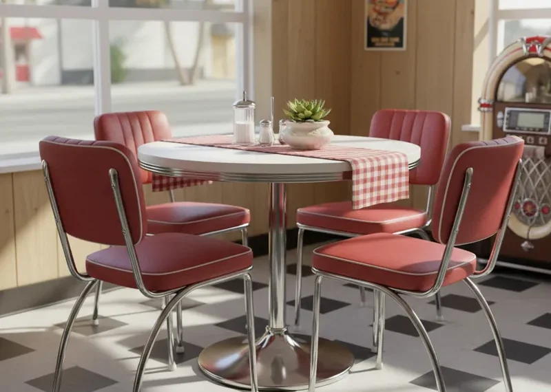 Retro style dining table and chairs set with a light wood finish and upholstered seats, perfect for a vintage kitchen or dining room interior.
