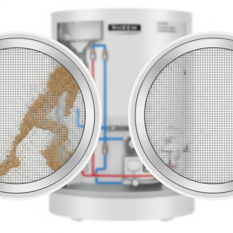 Close-up internal view of a Rheem tankless water heater filter screen, with some sediment visible, next to a clean filter for contrast.
