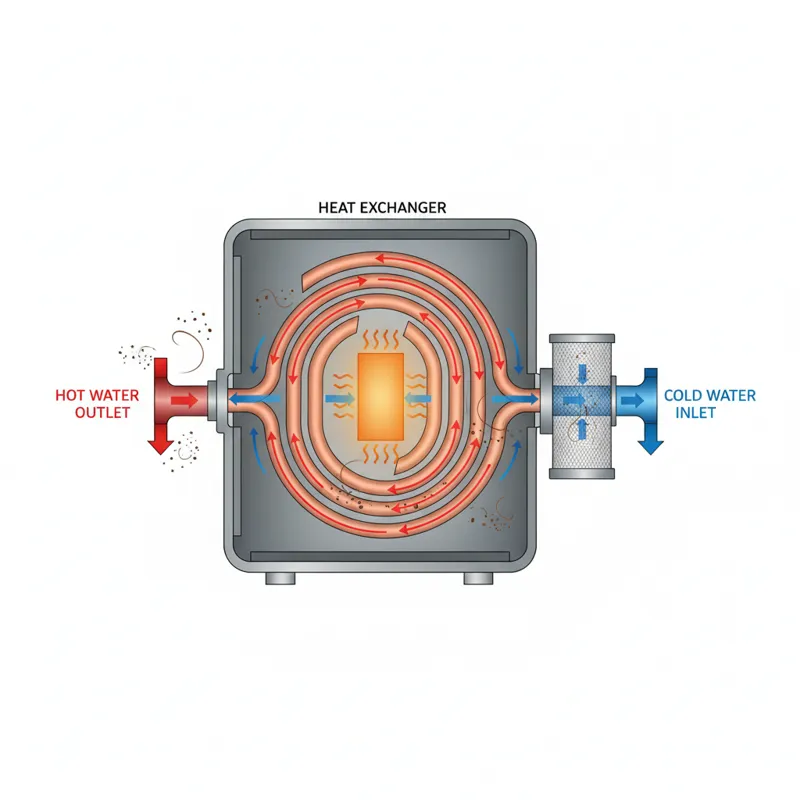 Diagram showing water flow through a tankless water heater, highlighting the heat exchanger and the cold water inlet where a filter would be, with arr
