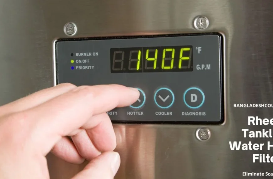 Close-up of a hand pressing the 'HOTTER' button on a Rheem tankless water heater's digital control panel, displaying a temperature of 140°F. The panel also shows indicators for 'BURNER ON', 'ON/OFF', and 'PRIORITY', along with 'G.P.M' and 'COOLER' and 'DIAGNOSIS' buttons.