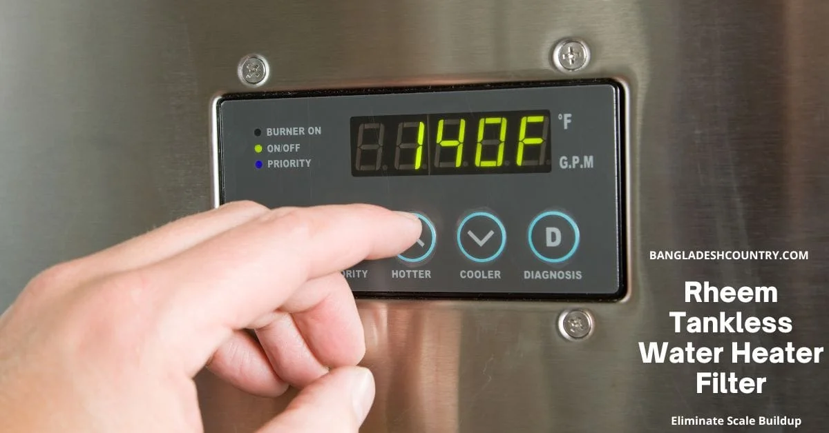 Close-up of a hand pressing the 'HOTTER' button on a Rheem tankless water heater's digital control panel, displaying a temperature of 140°F. The panel also shows indicators for 'BURNER ON', 'ON/OFF', and 'PRIORITY', along with 'G.P.M' and 'COOLER' and 'DIAGNOSIS' buttons.