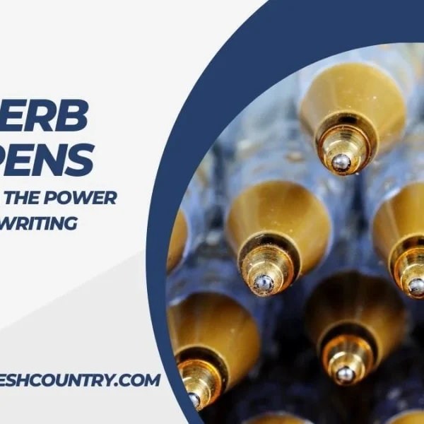 Macro close-up of multiple golden rollerball pen tips on the right, contrasted with a white and blue background on the left featuring the text 'ROLLERB ALL PENS: Unleashing the Power of Smooth Writing' and 'WWW.BANGLADESHCOUNTRY.COM'.