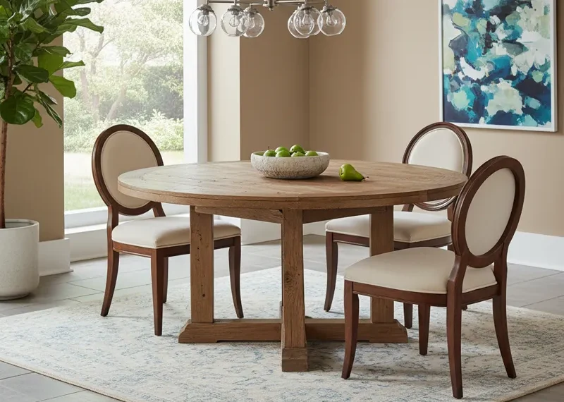 Set of four modern round back dining chairs with upholstered seats around a wooden dining table in a contemporary dining room.
