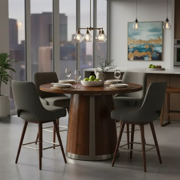 Modern round counter height dining table with sturdy base, ideal for small kitchens and casual dining.