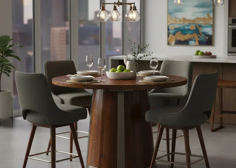 Modern round counter height dining table with sturdy base, ideal for small kitchens and casual dining.