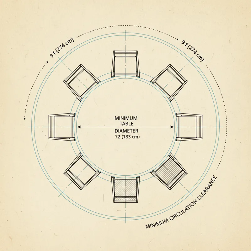 A diagram showing a round dining table with eight chairs, illustrating the minimum diameter and clearance space needed around the table in a dining ro