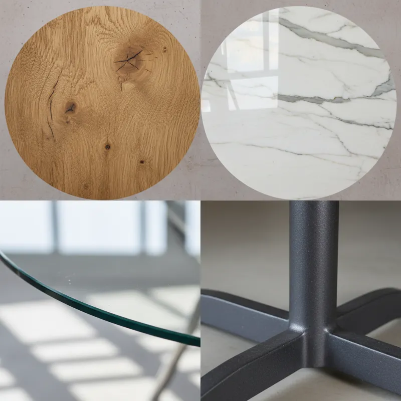 A collage of different material close-ups for round dining tables, including solid oak, polished marble, tempered glass, and a sturdy metal base, high