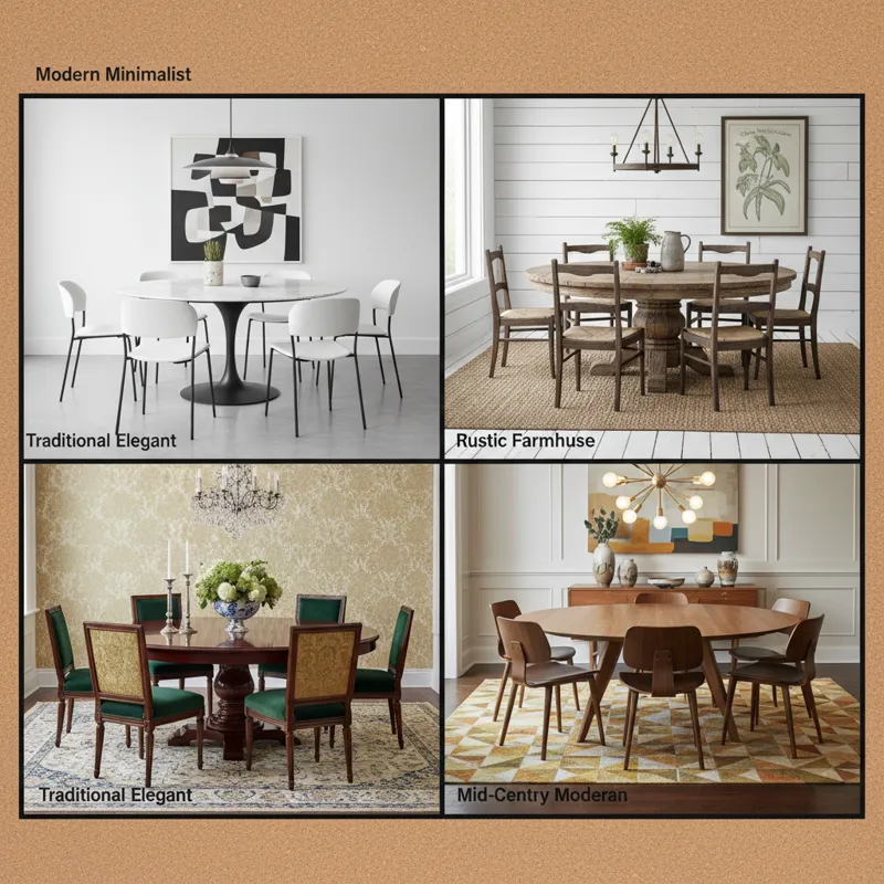 A mood board showing various dining room styles incorporating round dining tables for eight, including modern minimalist, rustic farmhouse, traditiona