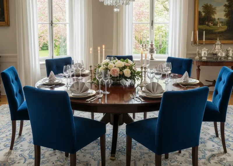 Spacious round wooden dining table designed to comfortably seat eight people, ideal for gatherings.