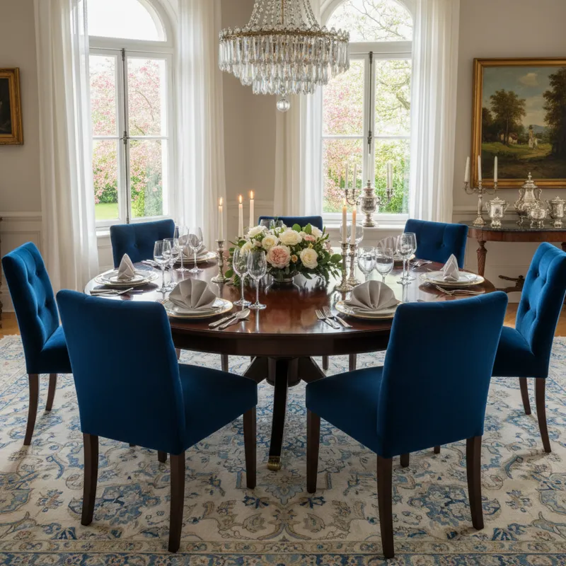 Spacious round wooden dining table designed to comfortably seat eight people, ideal for gatherings.