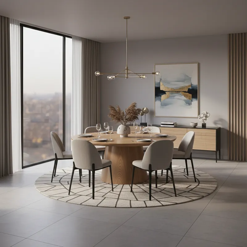 A beautifully set modern dining room featuring a round wooden dining table, with chairs tucked in, showcasing good clearance around it. The room is we