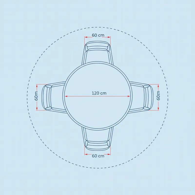 An overhead diagram showing a round dining table, chairs, and surrounding clearance space, with measurement lines indicating table diameter, chair dep