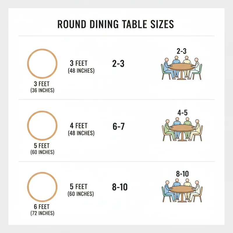 A visual infographic or chart showing common round dining table diameters alongside the number of people they comfortably seat, with a small illustrat