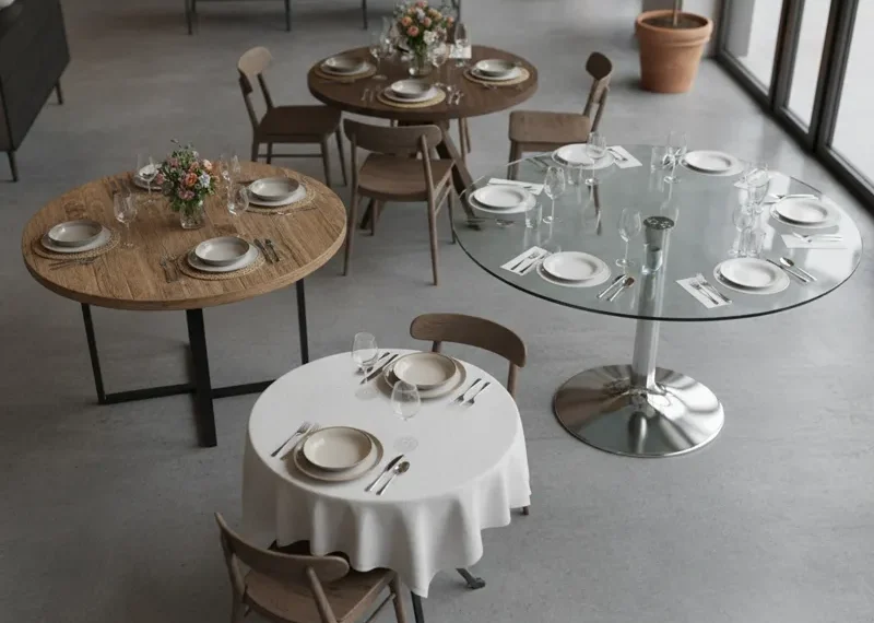 Comparison of various round dining table sizes, illustrating ideal diameters for seating 4, 6, or 8 people comfortably. Includes common dimensions for small, medium, and large round dining tables.