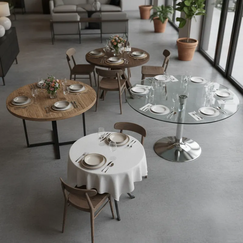 Comparison of various round dining table sizes, illustrating ideal diameters for seating 4, 6, or 8 people comfortably. Includes common dimensions for small, medium, and large round dining tables.