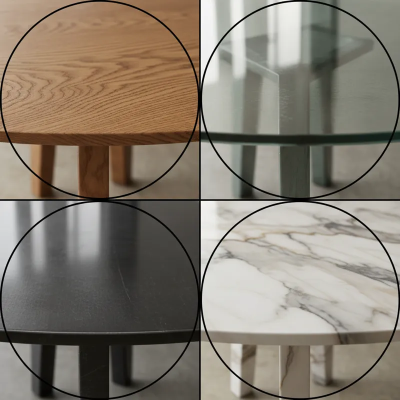 A collage of close-up images showing different materials used for round dining tables with four legs: richly grained solid oak, sleek tempered glass,