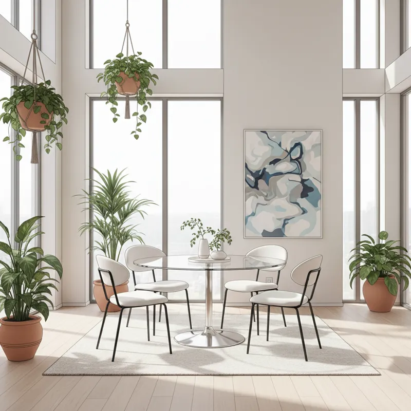 A modern dining room with a clear round glass dining room table as the centerpiece, surrounded by four contemporary chairs, bathed in natural light, s