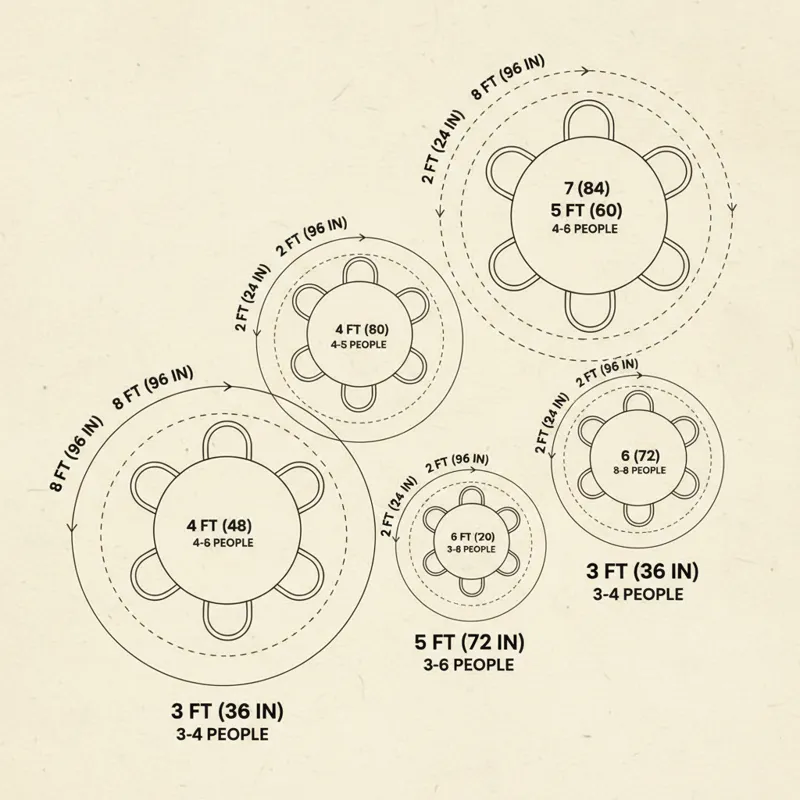 A detailed diagram showing different diameters of round dining tables with corresponding recommended seating capacities and minimum room clearances fo