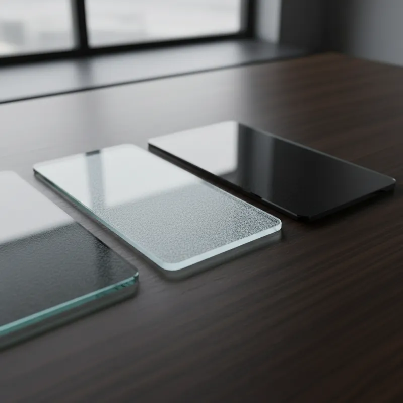 A close-up comparison of different glass types used for tabletops: clear tempered glass, frosted glass, and smoked glass, highlighting their distinct