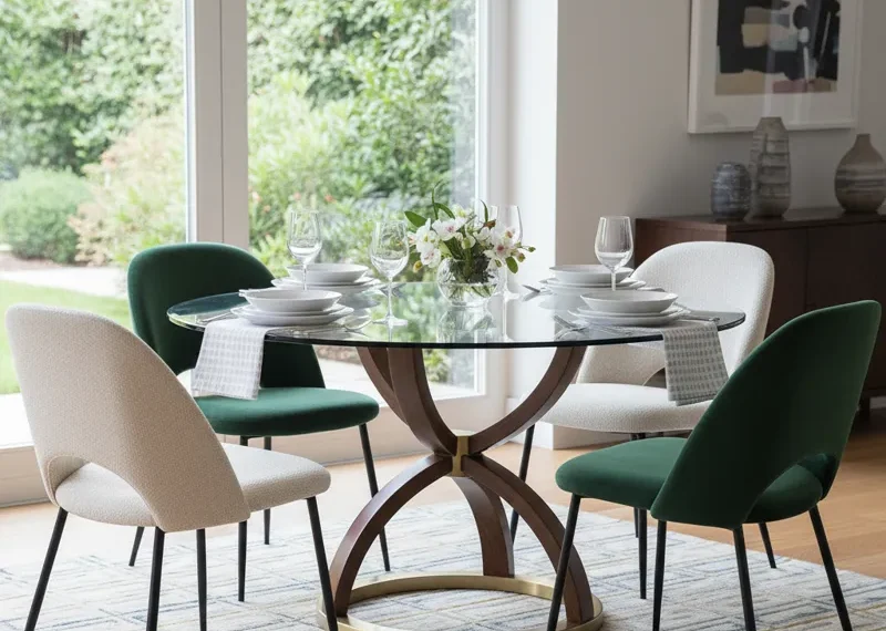 Modern round glass dining room table with a clear top and contemporary base.