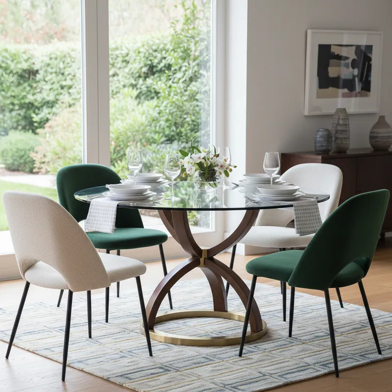 Modern round glass dining room table with a clear top and contemporary base.