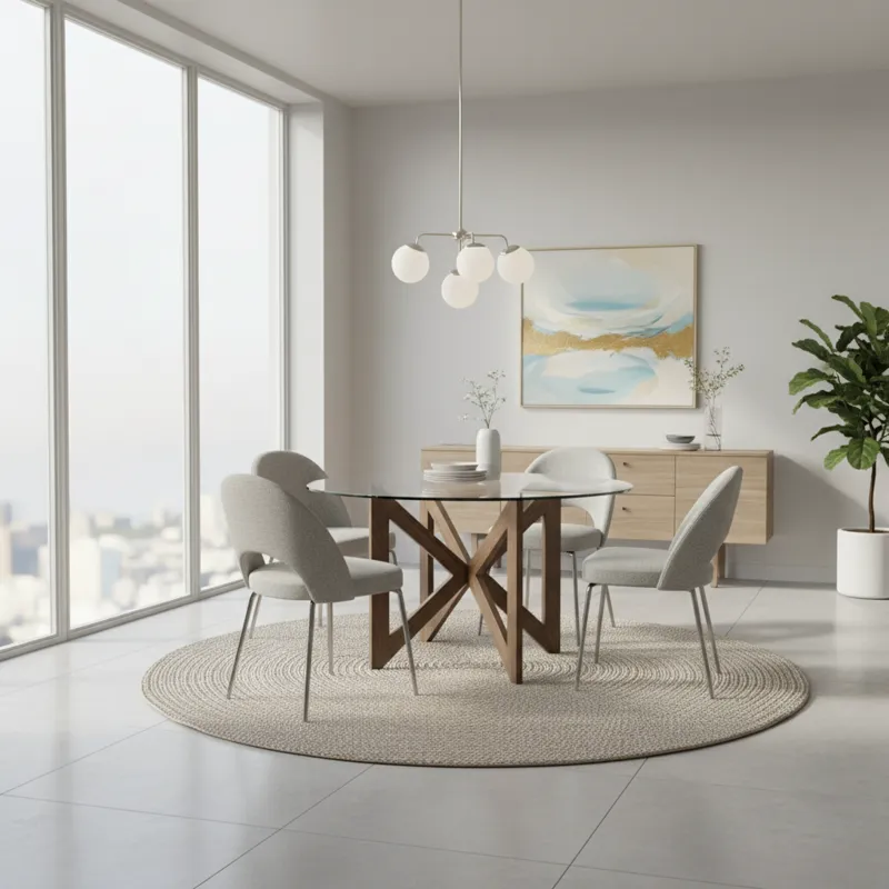 A stylish, modern round glass dining set for 4 in a well-lit contemporary dining room, with chairs tucked in.