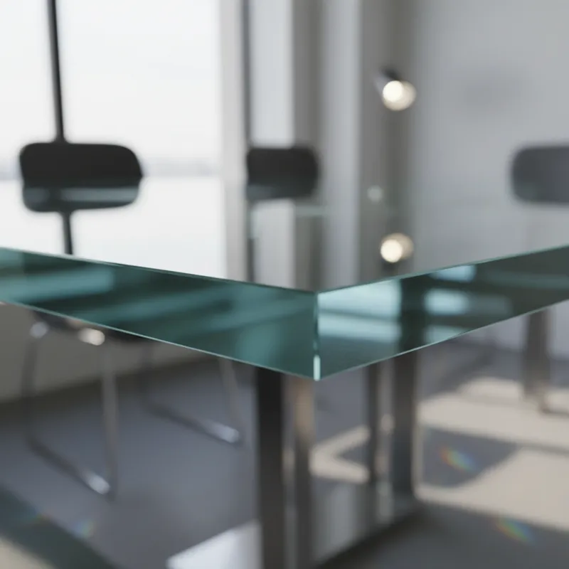 A close-up of a thick, tempered glass tabletop edge, showing its clarity and polished finish.