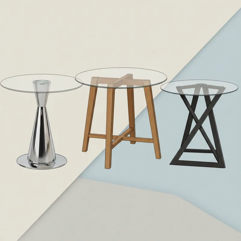 A collage showing different dining table bases: a sleek metal pedestal, a wooden four-leg base, and a geometric metal design, all supporting round gla