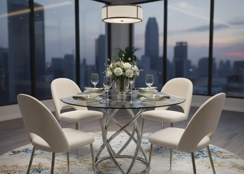 Modern round glass dining set with 4 upholstered chairs, ideal for small dining spaces or kitchens.