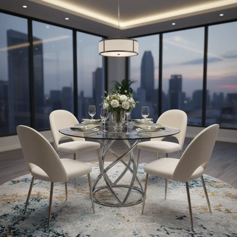 Modern round glass dining set with 4 upholstered chairs, ideal for small dining spaces or kitchens.