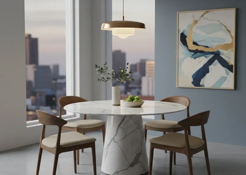 Luxurious round white marble dining table with a sleek, modern design, showcasing elegant veining on the polished surface.