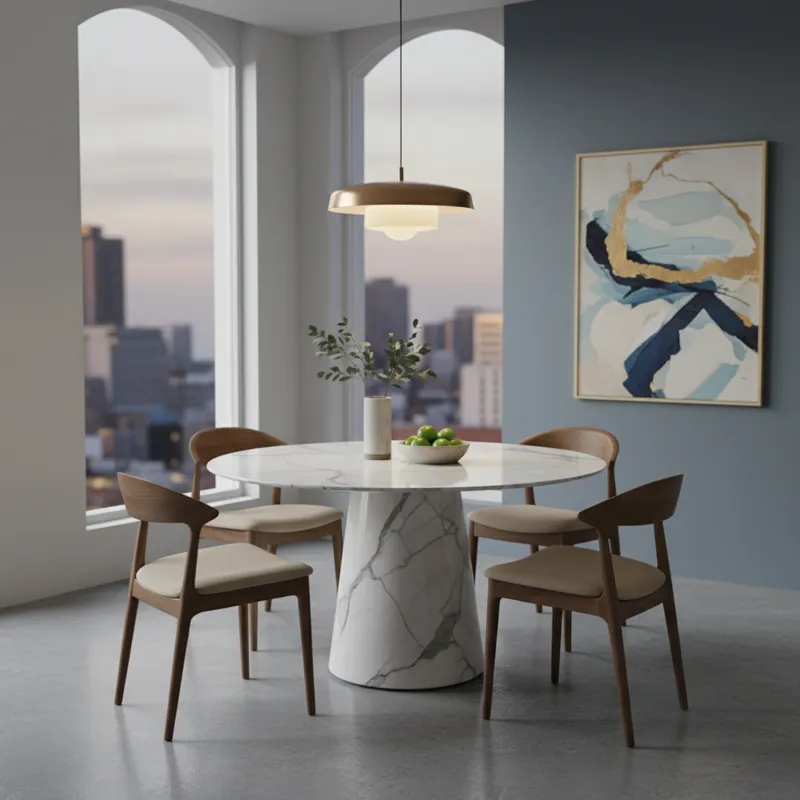 Luxurious round white marble dining table with a sleek, modern design, showcasing elegant veining on the polished surface.