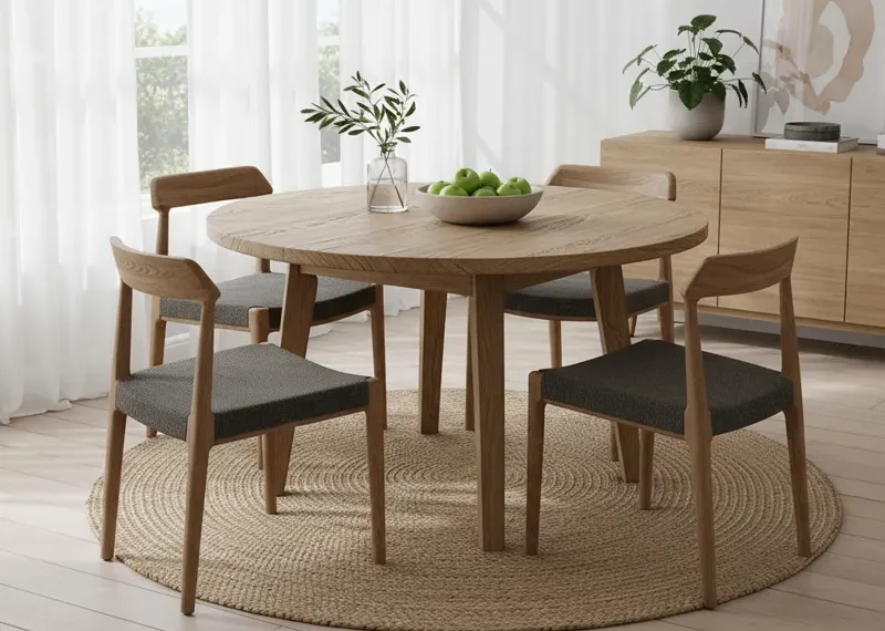 Round oak dining table with four matching chairs in a dining room.
