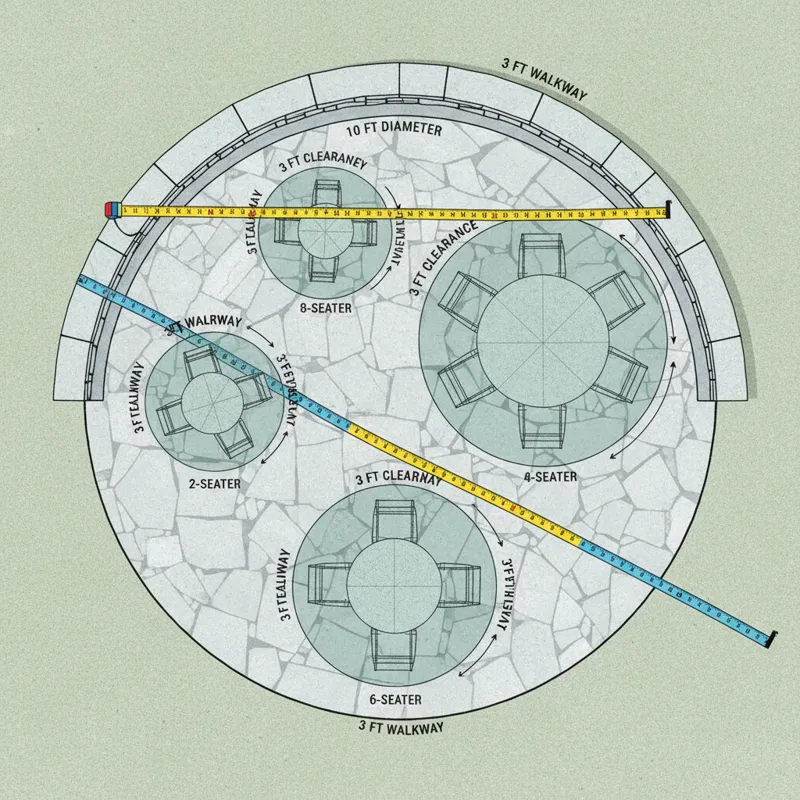 An overhead view of a patio space with various measuring tapes showing dimensions. Different sized round patio sets are overlaid digitally to illustra
