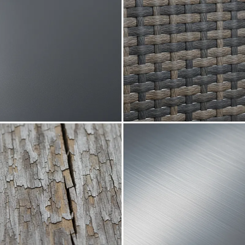 A collage of close-up images showing different patio furniture materials: powder-coated aluminum, distressed teak wood, woven resin wicker, and sleek