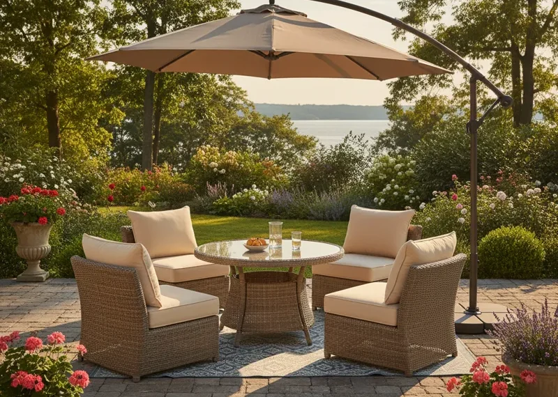 Round outdoor patio dining set with a circular table and four chairs, situated on a deck or patio.